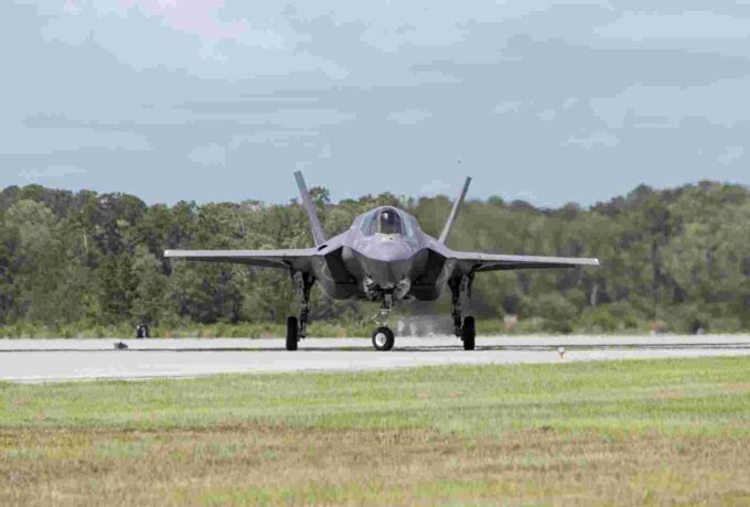 BEAUFORT, SOUTH CAROLINA-APRIL 30, 2017: A US Marines F-35 lightning taxis on the runway at the Marine Corp Air Station