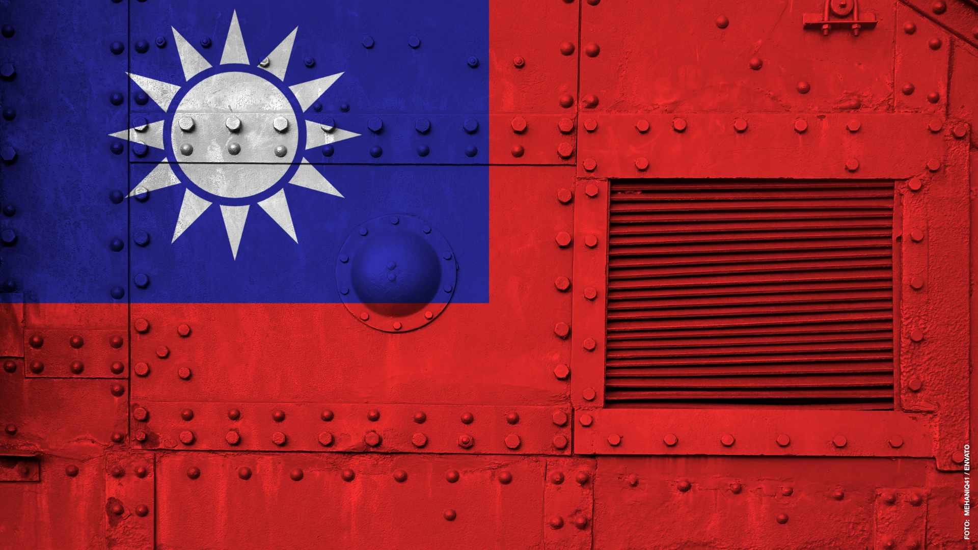 Taiwan flag depicted on side part of military armored tank close up. Army forces conceptual background