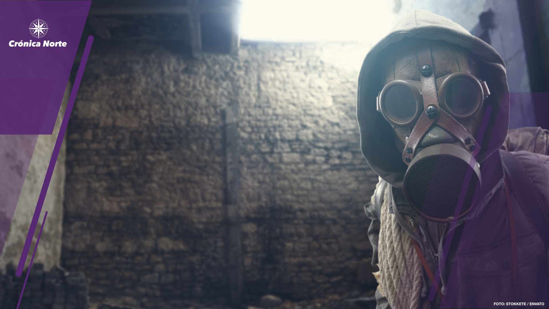 Nuclear disaster survivor in a post apocalyptic setting, he is wearing a gas mask and walking in a destroyed city
