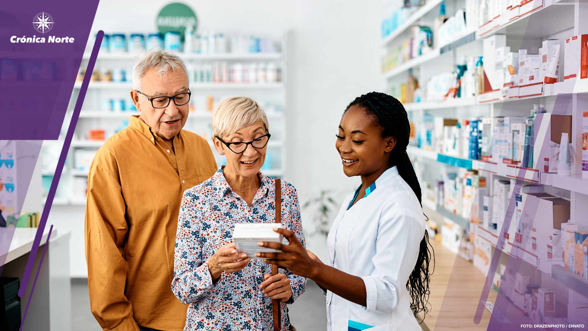 Happy African American female pharmacist advising senior couple buying vitamins in drugstore.