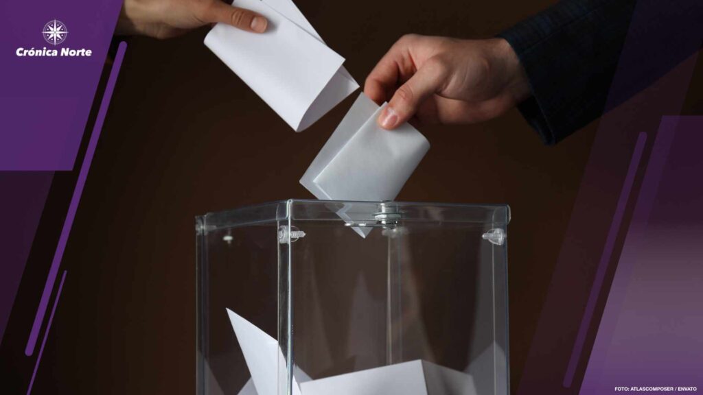 Transparent box and hands with voting papers on brown background