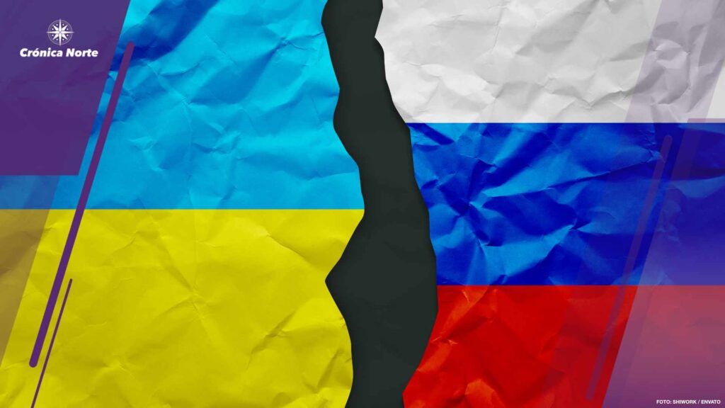 Ukraine and Russia flags painted on paper wall background, political partnership conflicts concept